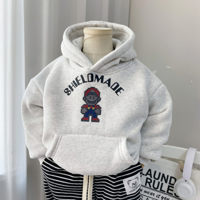 儿童男童加绒卫衣2025新款冬款宝宝连帽上衣双层加厚带帽冬季保暖