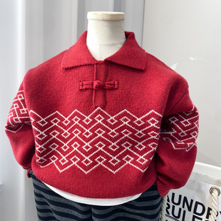 男童毛衣2025秋冬新款暗红色中童小童男孩儿童针织衫打底宝宝上衣