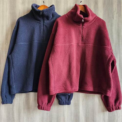 外贸原单时尚宽松女毛毛衣外套半拉链立领休闲运动摇粒绒夹克上衣