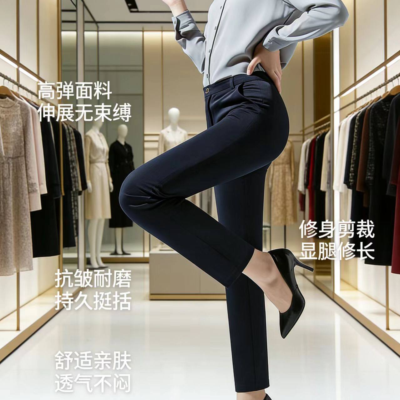 职业装裤子女弹力西裤高腰显瘦修身直筒黑色长裤银行上班西装裤女