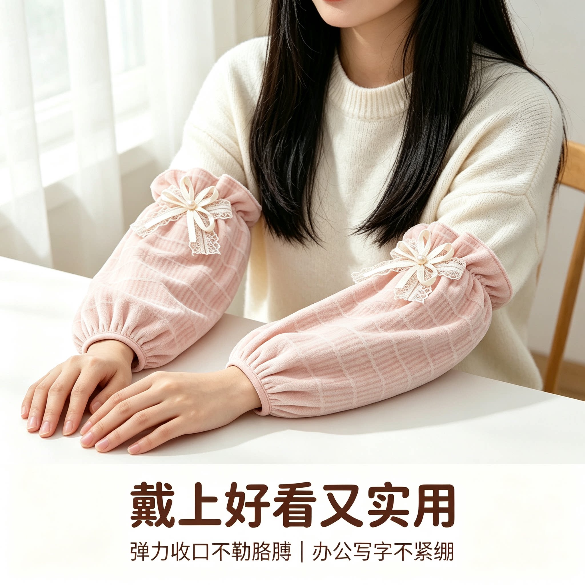 防污袖套女秋冬保暖蕾丝蝴蝶结学袖套
