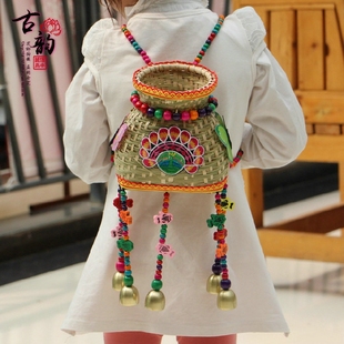 民族风竹编鱼箩风铃背包金属铃当儿童双肩背篼云南特色工艺品礼物