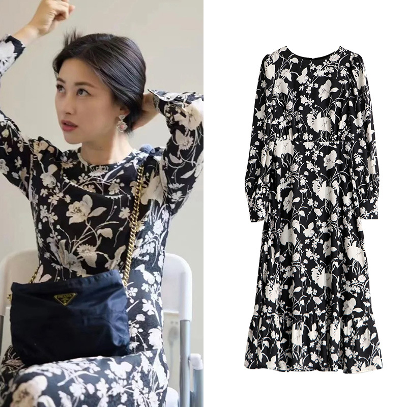 他为什么依然单身顾叶嘉朱珠同款碎花连衣裙黑色印花修身过膝长裙