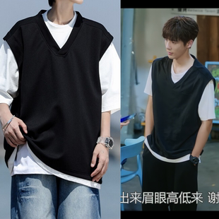 陷入我们的热恋陈路周王安宇同款背心假两件短袖T恤港风日系男