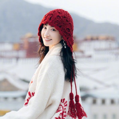 景甜同款手工钩织花朵双层毛线帽子女秋冬堆堆帽保暖针织帽护耳