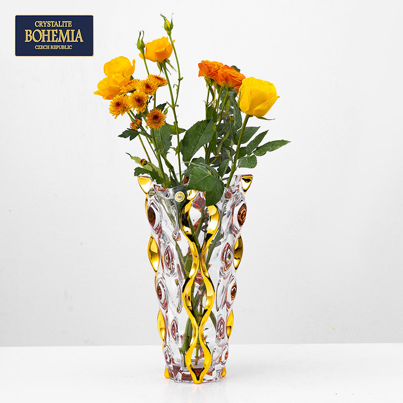 捷克原装进口BOHEMIA 水晶玻璃手工描金花瓶高档欧式居家装饰摆件