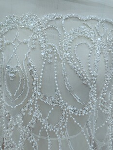 重工亮片管珠刺绣蕾丝布料杏色高端香槟色服装旗袍浅金色网纱面料