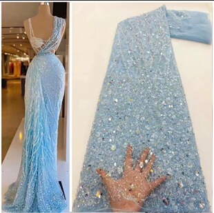 现货欧美高端满幅管珠网纱刺绣面料 连衣裙婚纱晚礼服亮片绣花布