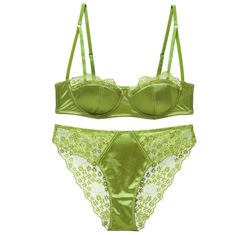 维密哆缎面蕾丝边无痕文胸女薄款性感奶罩半杯抹胸绿色内衣裤套装