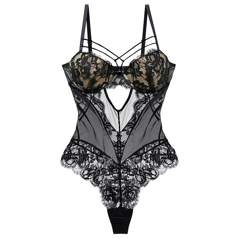 维密哆性感蕾丝绑带诱惑聚拢文胸女红色本命年修身连体内衣裤套装