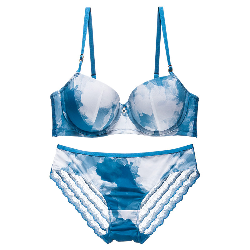 维密哆中国风印花迷彩撞色内衣内裤套装女性感光面无痕聚拢文胸罩