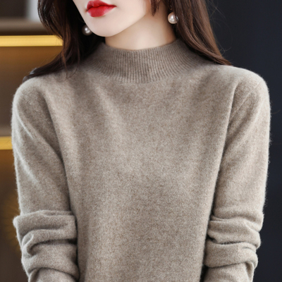 无缝半高领100%纯羊毛衫女