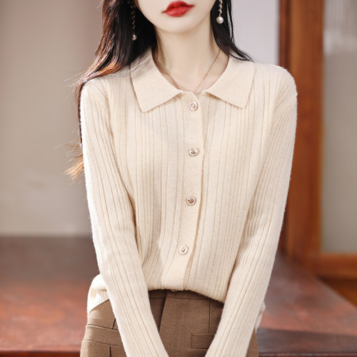 纯羊毛polo领开衫女秋冬纯色毛衣
