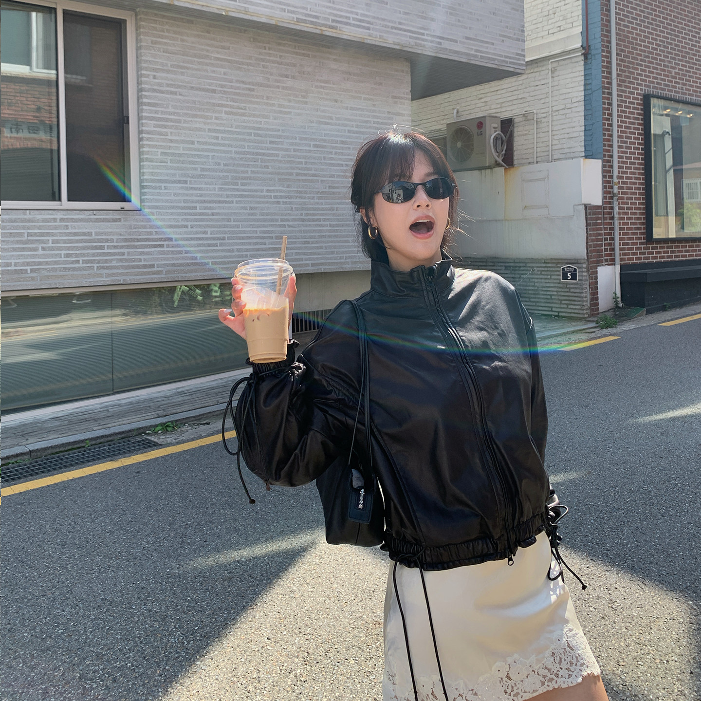 BABYSISTER霍维伦戈 休闲复古宽松抽绳夹克短款绵羊皮皮衣外套