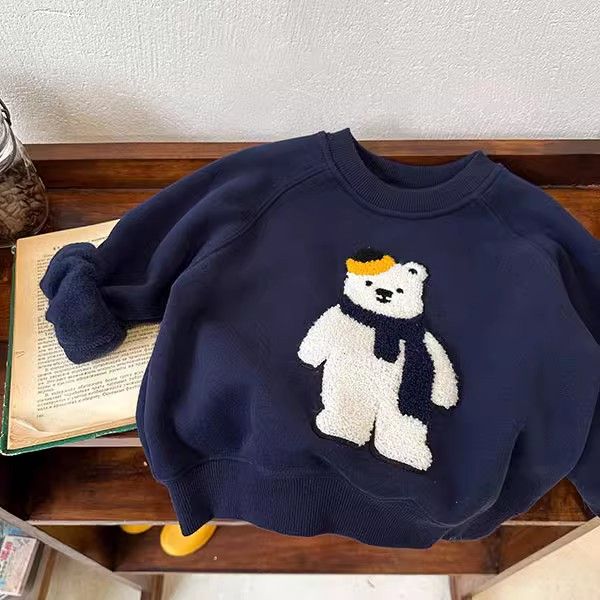 韩版儿童冬装加绒卫衣男女童宝宝秋冬款毛巾休闲小熊立体卡通上衣