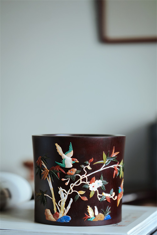 印度小叶紫檀百宝嵌竹报平安笔筒高油密金星老料挖制文玩木雕收藏