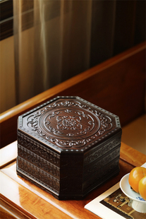 紫光檀卷草纹普洱茶盒茶饼盒榫卯结构置茶席收纳果实茶叶收藏送礼