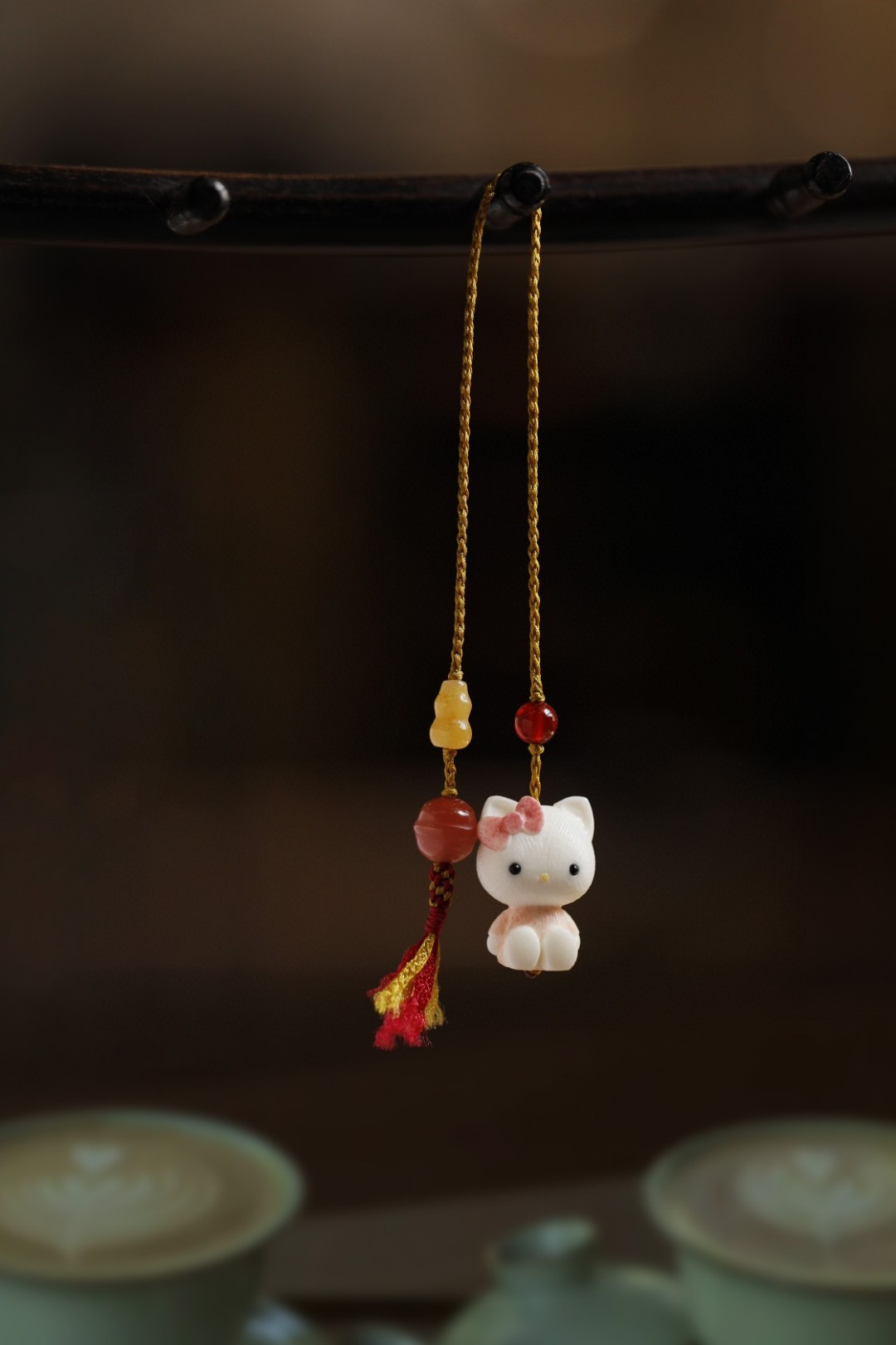 鹿角根付凯蒂猫挂件包挂钥匙扣手工雕刻天然植物着色文玩收藏送礼