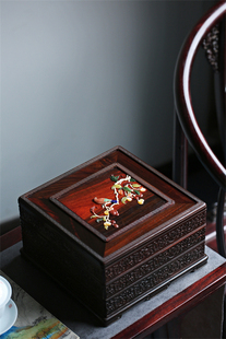 老挝大红酸枝百宝嵌硕果累累普洱茶盒黑飘红老料榫卯结构文玩收藏