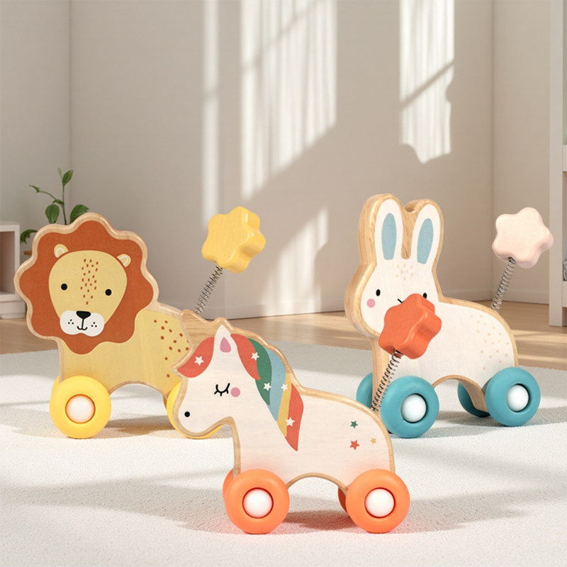 卡通婴幼儿童益智木制玩具智力拖拉动物积木车拖车早教按压玩具车