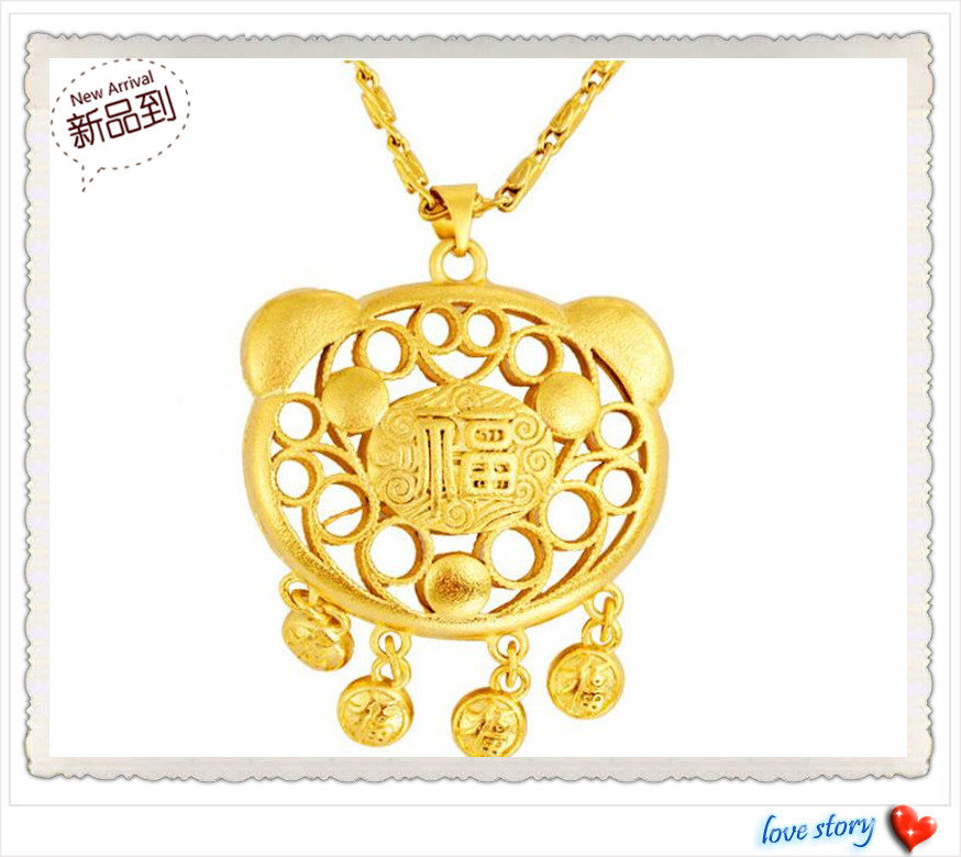 越南沙金儿童项 链 镀24K黄金福字镂空如意长命锁 宝宝吊坠配项链