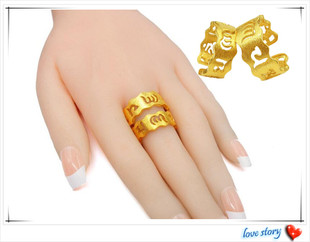 越南沙金戒指 镀24K黄金情侣款拉丝六字真言 男女开口沙金指环