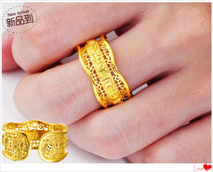 越南沙金戒指 镀24K黄金男士复古六字真言开口沙金戒指仿真金首饰