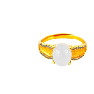 越南沙金女戒 镀24K黄金新款带钻不规则拉丝戒指蛋形白石开口戒指