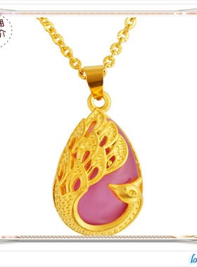 女士猫眼石孔雀多色沙金项链吊坠