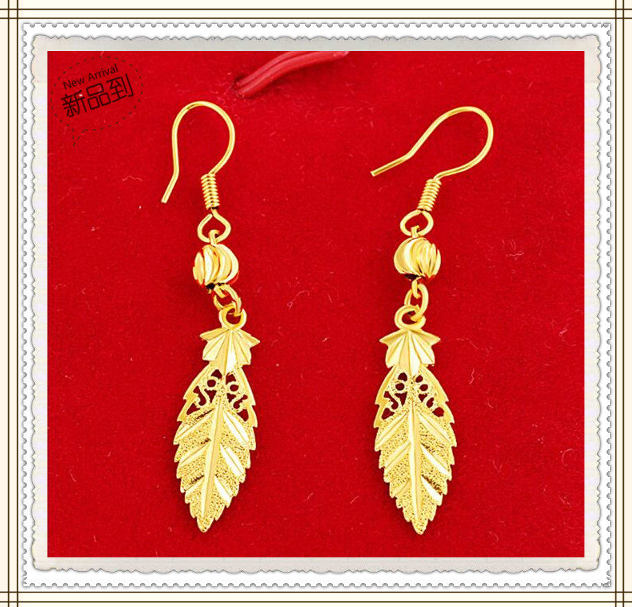 越南沙金耳环  镀24K黄金爆款女生长款玫瑰花叶子婚庆首饰 仿真金