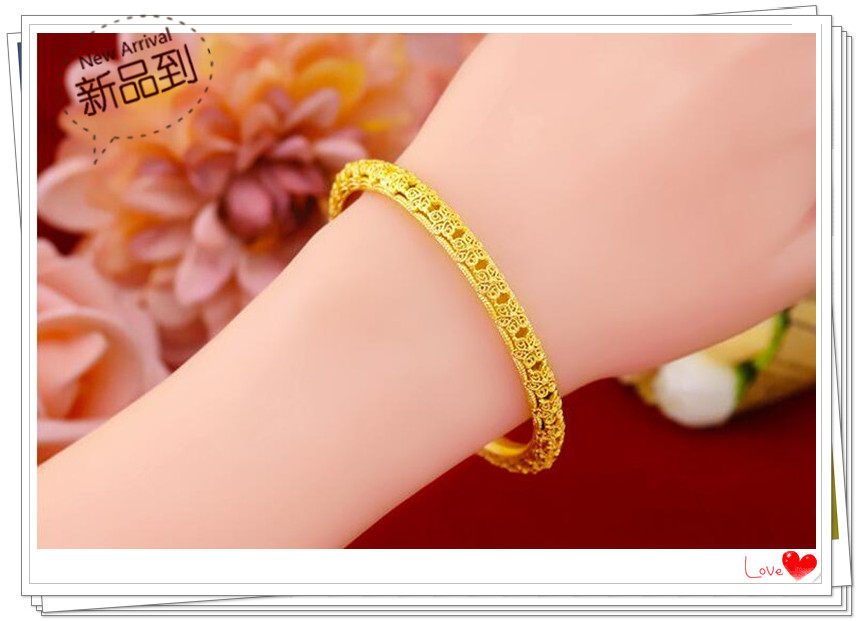 越南沙金手镯  镀24K黄金日韩新款女士气质 6n镂空花朵沙金手镯