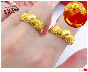 越南沙金戒指男款 镀24K黄金双龙戏珠 双龙头男士沙金戒指 仿真金
