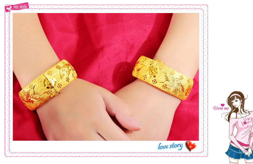 越南沙金结婚手镯  镀24K黄金新款橱窗龙凤 双喜婚庆卡扣沙金手镯