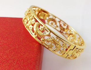 越南沙金女士手镯  镀24K黄金鸟语花香镂空沙金手镯 仿真金首饰