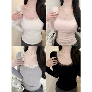 胖mm修身 95棉春秋蕾丝长袖 大码 女新款 外穿内搭正肩T恤上衣 打底衫