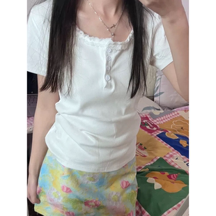 大码 95棉夏季 蕾丝纽扣短袖 T恤女新款 白色辣妹正肩上衣 胖mm修身