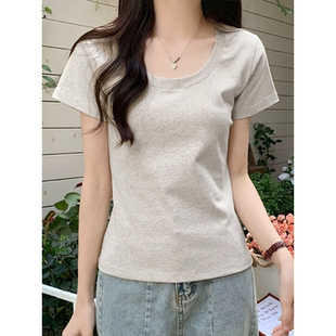 95棉正肩t恤女U领短袖春夏季胖mm大码美式辣妹显瘦内搭漏锁骨上衣