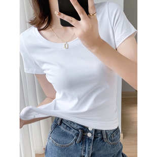 95棉正肩t恤女U领短袖春夏季大码胖mm辣妹美式内搭显瘦漏锁骨上衣