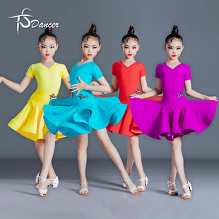 新款拉丁舞比赛服儿童女练功服短袖V领专业考级服大摆国标规定服