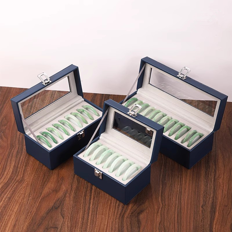 皮质带盖大容量手镯收纳盒水晶手串手链盒翡翠玉镯收藏展示盒