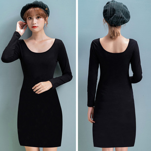 前后U领长袖T恤女大圆领保暖紧身内搭打底衫连衣裙低领口露背上衣