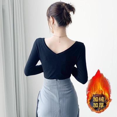 露背前后V领大领口加绒加厚长袖