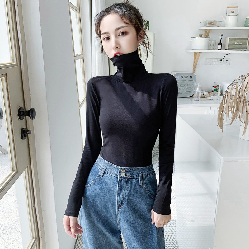 黑色短款长袖T恤女堆堆高领保暖紧身内搭打底衫2025新款纯棉上衣