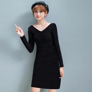 大V领长袖T恤女鸡心领保暖紧身内搭打底衫性感包臀裙中长款连衣裙
