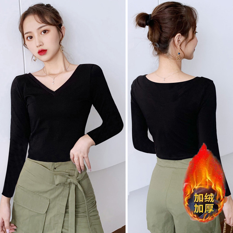 纯棉瑜伽舞蹈练功服长袖女t恤加绒加厚打底衫鸡心领大V领低领上衣