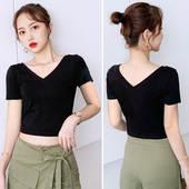 修身 露背纯棉半袖 短款 夏季 前后V领显瘦百搭短袖 t恤女装 体恤露脐装