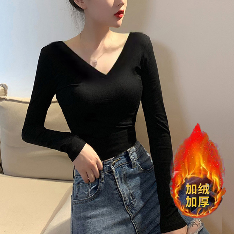 前后双V领长袖T恤女加绒加厚露背