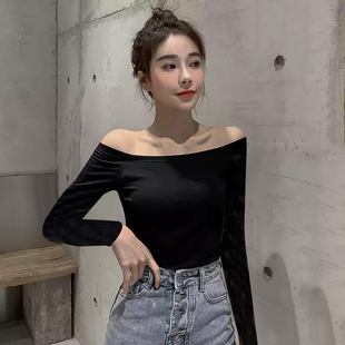 黑色长袖t恤女大一字领露肩膀上衣大码女装修身显瘦全棉打底衫潮