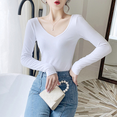 白色大V领长袖T恤女纯棉舞蹈低领