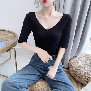 运动舞蹈紧身上衣 纯棉打底衫 露背五分袖 t恤女前后双V领大领口中袖